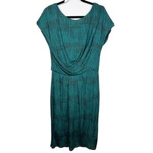 MAX MARA Teal Jersey Draped Gathered Waist Faux Wrap Dress Black Geo Print US 6